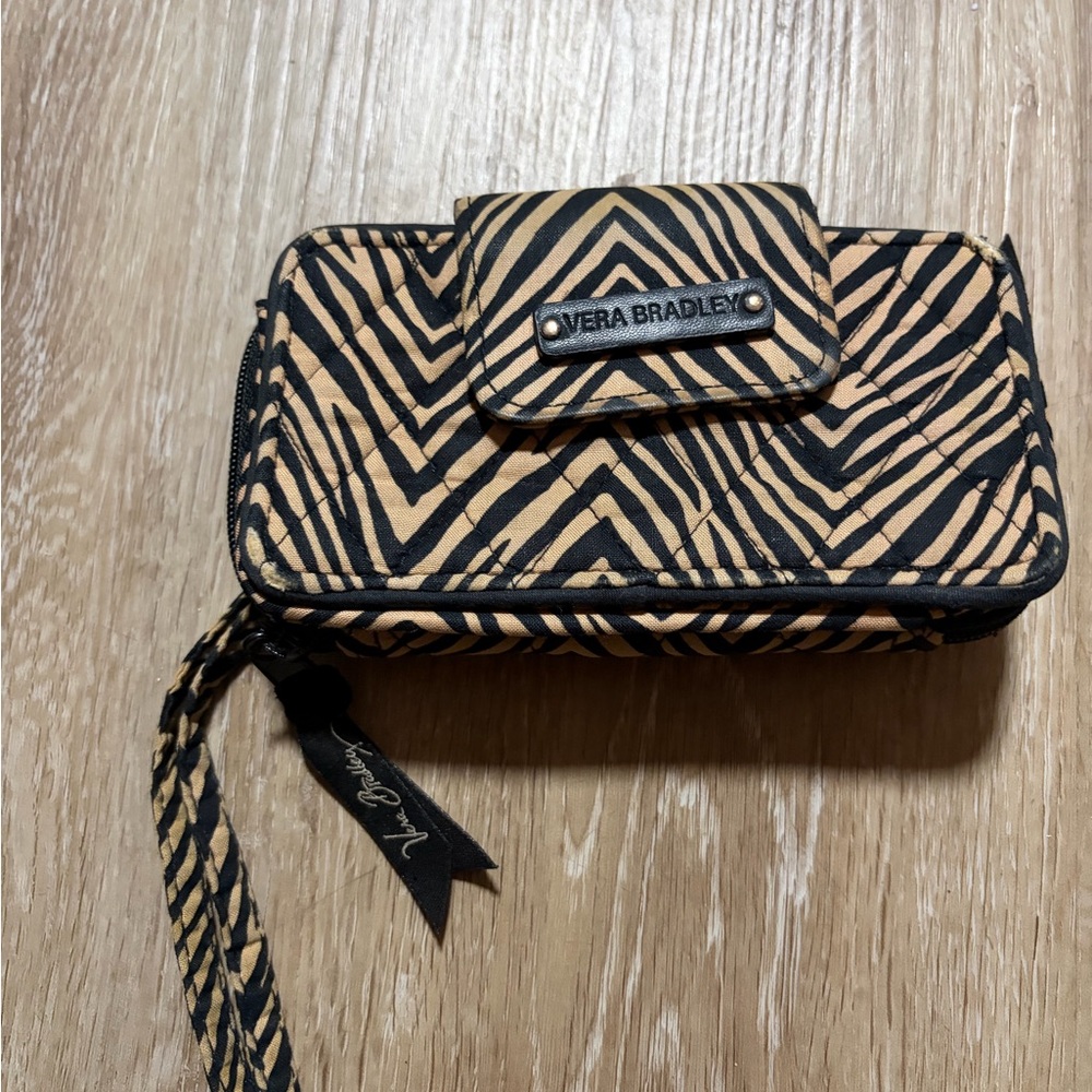 Vera Bradley Quilted Zip Wristlet Wallet Black and Tan Zebra Design